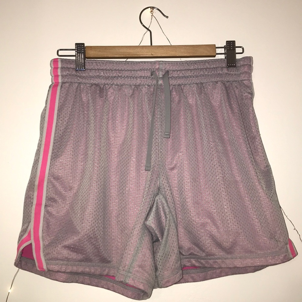 grey and pink double layer basketball shorts